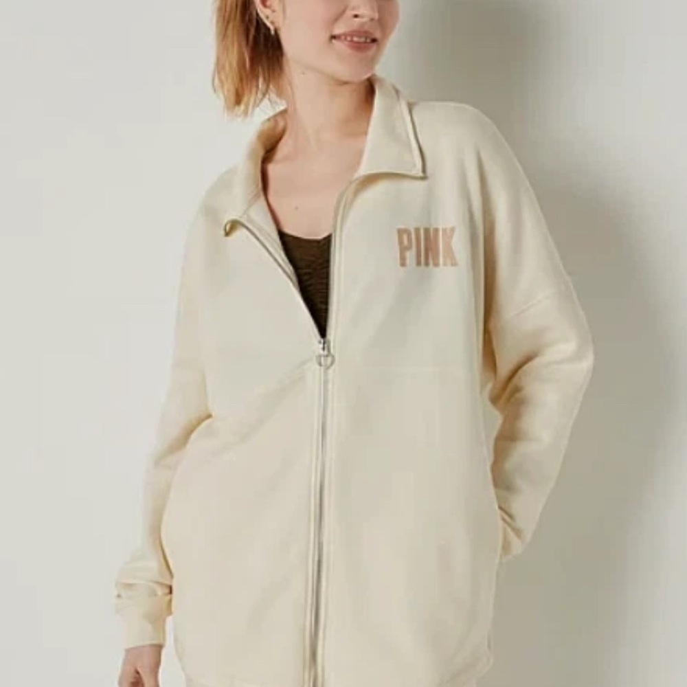 🤍 VS PINK Fleece Oversized Zip-Up Sweatshirt BNWT soft pearl XL